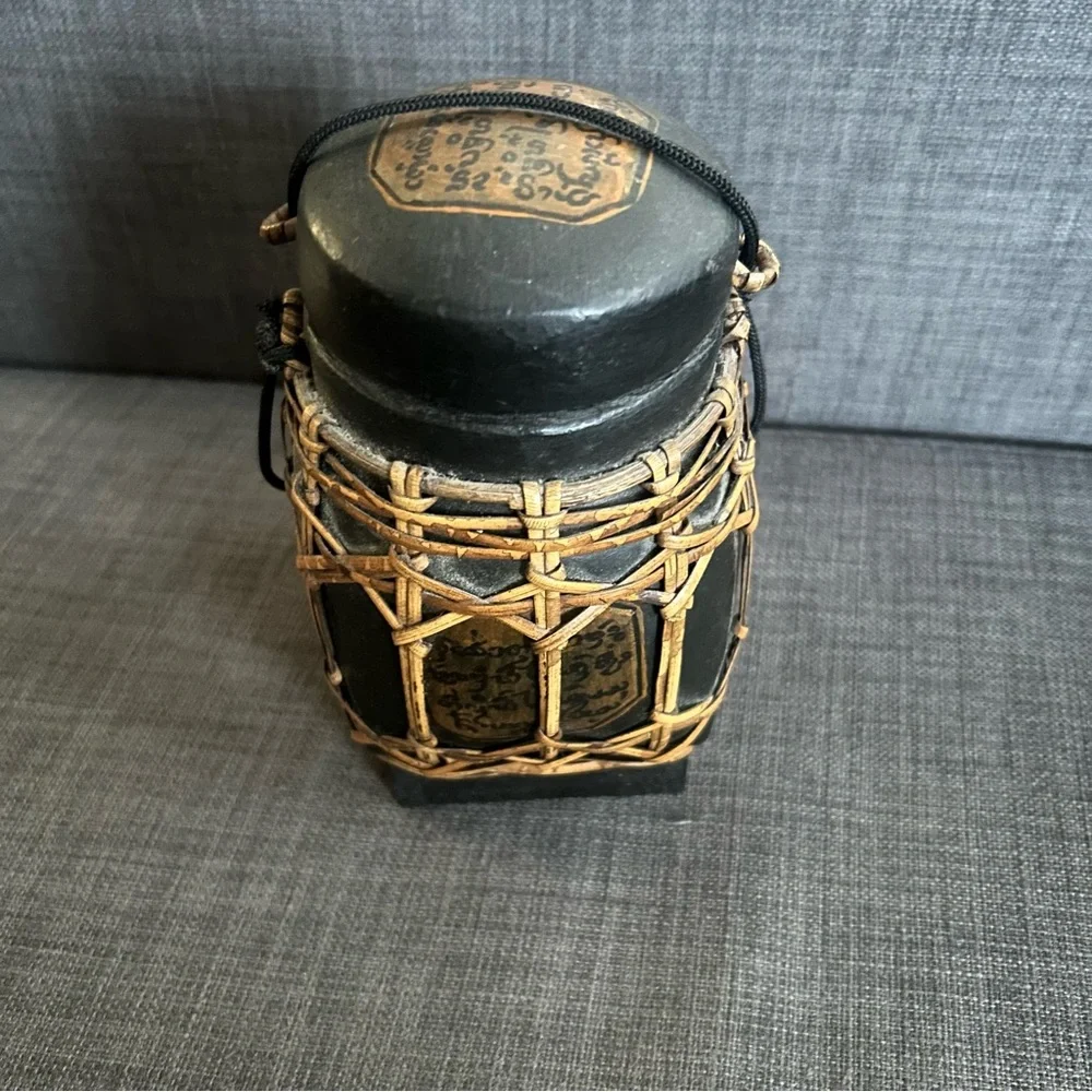 Vintage Thai Artisan Handmade Lacquered Bamboo Tea Rice Jar Storage Box #1220258